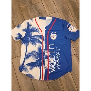 Michelob Ultra Mens Baseball Jersey Large Blue White Palm Tree Button Up